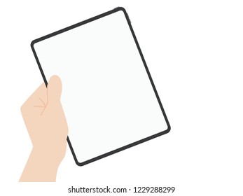 Hand catch new powerful tablet new design advance technology with high resolution display, liquid retina display, business device, tablet, screen, future technology, flat vector.
