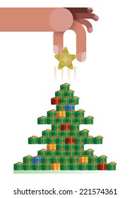 Hand catch star ornaments on Christmas tree by Christmas concept vector