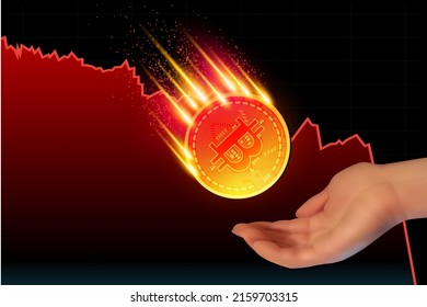 La mano atrapa una bitcoína que cae. 