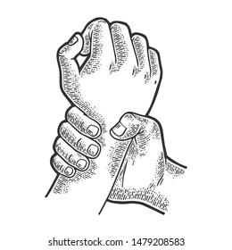 Hand catches other hand sketch engraving vector illustration. Scratch board style imitation. Black and white hand drawn image.