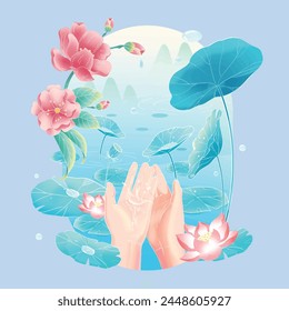 Hand catches water from lotus plant