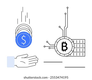 Hand catching falling coins with dollar sign and bitcoin symbol with digital circuit lines. Ideal for finance, cryptocurrency, digital payments, investments, and banking. Modern, minimalist style