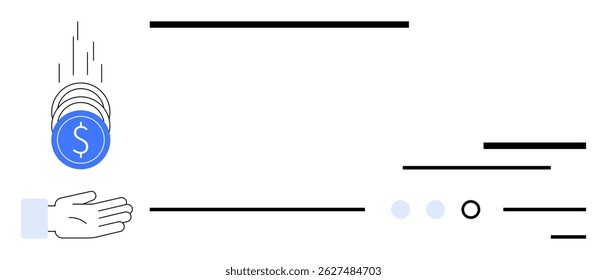 Hand catching falling coins with dollar sign. Black lines and minimalistic elements in blue and white. Ideal for finance, investment, savings, banking, economic empowerment, wealth management