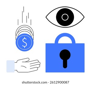 A hand catching falling coins a large eye symbolizing surveillance and a blue padlock representing security. Ideal for finance, safety, data protection, surveillance, digital security. Minimalist
