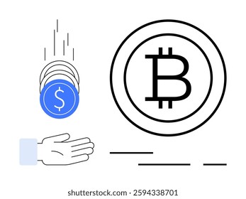 Hand catching falling dollar coins large bitcoin symbol on the right signifies cryptocurrency. Ideal for finance, fintech, blockchain, investment, trading, digital wallet, payment. Banner for landing