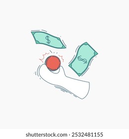 A hand catching a red coin with dollar bills falling around it.