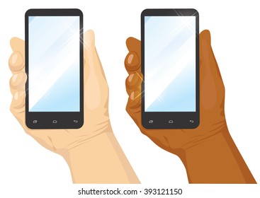 hand of caucasian and african american man holding black vertical smartphone