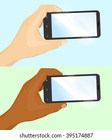 Hand Of Caucasian And African American Man Holding Black Horizontal Smartphone