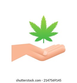 Cbd de mano. Mano sosteniendo la hoja de marihuana. Tratamiento médico. Ilustración de material vectorial.