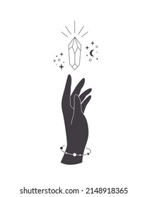 Mano con símbolos místicos celestiales. Cristal místico, esotérico o curativo. Arte lineal. Golpes editables. Ilustración del vector