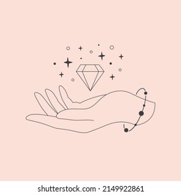 Hand with celestial mystical symbols. Mystical, esoteric or healing crystal. Linear art. Editable strokes. Vector illustration