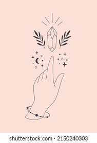 Hand with celestial mystical symbols. Mystical, esoteric or healing crystal with leaves. Linear art. Editable strokes. Vector illustration