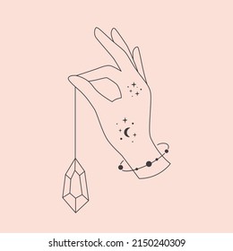 Hand with celestial mystical symbols. Mystical, esoteric or healing crystal. Linear art. Editable strokes. Vector illustration