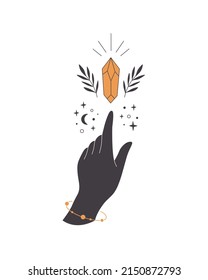 Mano con símbolos místicos celestiales. Cristal místico, esotérico o curativo con hojas. Arte lineal. Golpes editables. Ilustración del vector