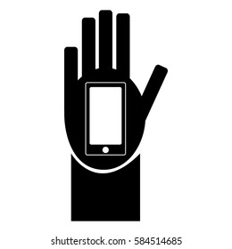 Hand with cell phone on white background. Vector illustration.