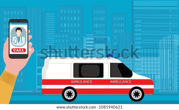 In the hand, a cell phone with a quick call button\
of the ambulance car - an urban landscape - a flat style - an art\
vector