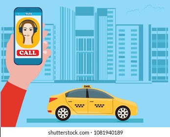 In the hand a cell phone with a shortcut button Taxi - cityscape - flat style - art vector