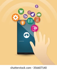 Hand and the cell phone.
Vector created illustration- hand on the touch screen, cell apps. 
