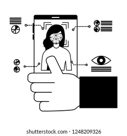 hand with cellphone face scan biometric technology