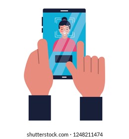 hand with cellphone face scan biometric technology
