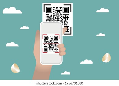 Hand with cellphone scanning QR code from document. Electronic scanning, digital technology, barcode. Vector illustration in flat design