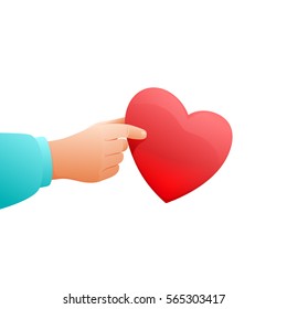 Hand of certain person gives a bulging Valentine heart.  Romantic symbol of declaration of love has an inner glow. Warm red, cyan and peachy colored objects on a white background. Useful like an icon.