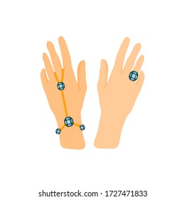 Ilustración vectorial de la mano con brazalete de cadena y anillo de compromiso. Icono de brazalete de cadena, Joyería y accesorio.Ilustración vectorial del anillo de diamante. Icono del anillo de bodas