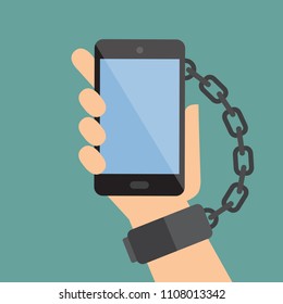 Hand chained to the smart phone. Addicted to technology and social networking. Vector illustration