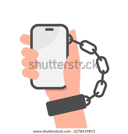 hand chained to smartphone, nomophobia (no mobile phone phobia), gadget or internet addiction concept illustration flat design vector