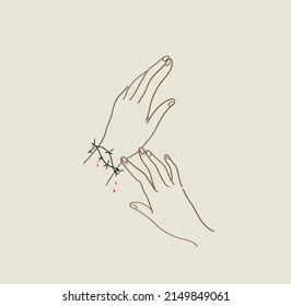 hand in chains of barbed wire. sketch