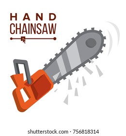 Hand Chainsaw Vector. Petrol Chain Saw. Professional Instrument, Working Tool. Isolated Flat Cartoon Illustration