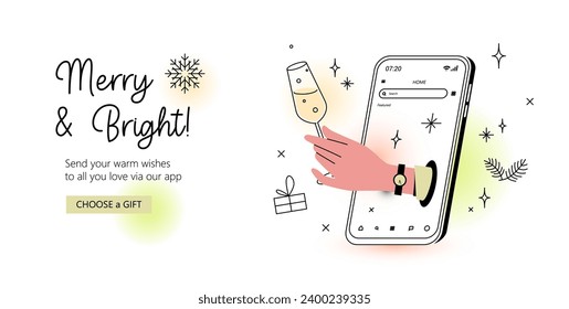 Hand with champagne glass sticking out of phone screen. New Year celebration web banner template. Contemporary vector illustration of sending cheers via mobile app. Seasonal communication.