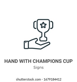 Mano con icono de vector de contorno de copa campeones. Mano negra delgada con icono de copa campeón, vector plano ilustración de elemento simple de signos editables concepto de trazo aislado en fondo blanco