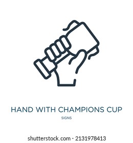 hand with champions cup thin line icon. cup, victory linear icons from signs concept isolated outline sign. Vector illustration symbol element for web design and apps.