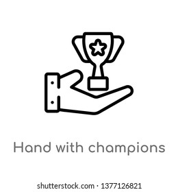 hand with champions cup vector line icon. Simple element illustration. hand with champions cup outline icon from signs concept. Can be used for web and mobile
