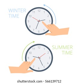 The hand change time on the watch to wintertime and summertime. Concept flat illustration of human turning clock hands backward and forward. Vector design element for presentation, web, infographic.