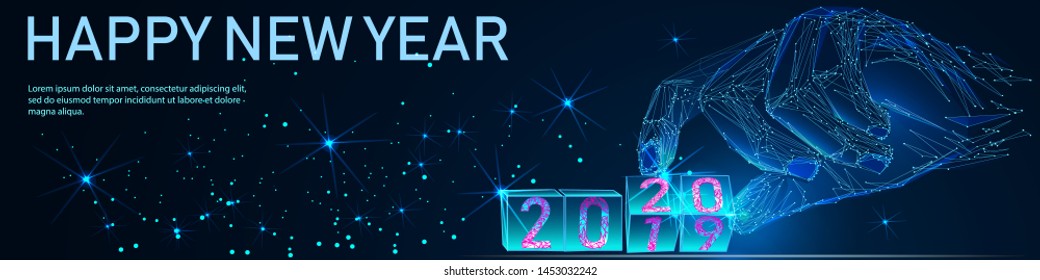 Hand Changing Date From 2019 To 2020 On Cube Calendar. New Year's Concept. Polygonal vector. 