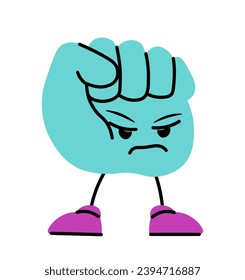 Hand character clenched in fist, isolated emoticon or sticker with frowned facial expression. Expressing fury and anger, non verbal communication. Flat cartoon personage, vector in flat style