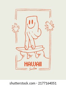 Hand character surfing Hawaii palms and waves silkscreen vintage typography t-shirt print vector illustration.