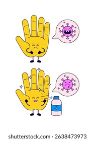 Hand character using sanitizer to fight off a virus. Before and after concept showing a sad germy hand turning happy and clean, with virus defeated cartoon illustration vector