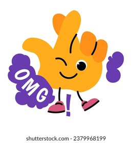 Hand character with winking facial expression and slice on face. Isolated arm with OMG reaction, social media or application mascot. Emoji or emoticon, sticker or personage. Vector in flat style