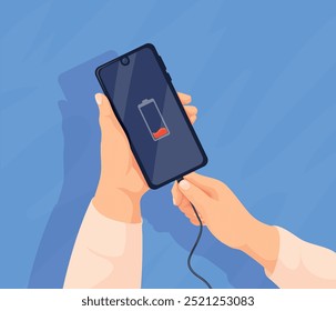 Hand charged phone. Plugged smartphone charging concept, hands holding telephone with mobile charger usb cable power adapter, recharge low cell battery neat vector illustration original artwork