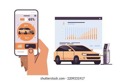 hand charging electric car in mobile app battery vehicle at recharging power station charger EV management zero emission