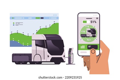 Handaufladelektrischer Sattelkraftwagen in mobilen App-Batteriebakkfahrzeug beim LadeLadekraftwerk EV-Management