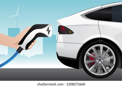 Hand with charging plug. Charging an electric car. Vector illustration