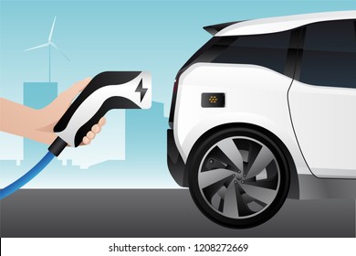 Hand with charging plug. Charging an electric car. Vector illustration