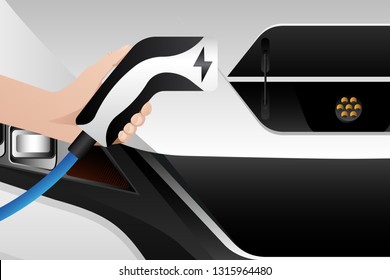 Hand with charging plug. Charging an electric car. Vector illustration