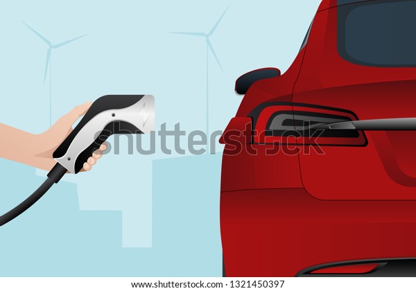 Hand with charging plug. Charging an\
electric car. Vector\
illustration