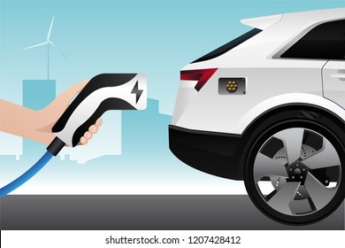 Hand with charging plug. Charging an electric SUV. Vector illustration