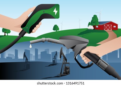 Hand with charging plug for electric vehicle and hand with fuel nozzle. Alternative future with renewable energy. Vector illustration